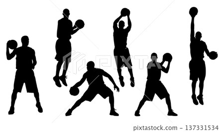 Black Solid Basketball Pro-Hop Silhouettes Set of Six on White Background Black Solid Basketball Pro-Hop Silhouettes Set of Six on White Background 137331534