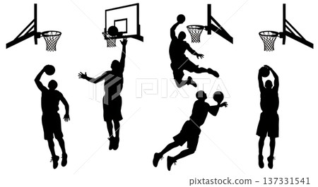 Black Solid Basketball Rebound Silhouettes Set of Six on White Background 137331541