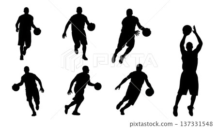 Black Solid Basketball Reverse Layup Silhouettes Set of Six on White Background 137331548