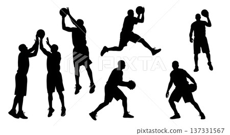 Black Solid Basketball Screen and Roll Silhouettes Set of Six on White Background 137331567
