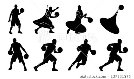 Black Solid Basketball Spin Move Silhouettes Set of Six on White Background 137331575
