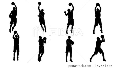 Black Solid Basketball Tip-Off Silhouettes Set of Six on White Background 137331576