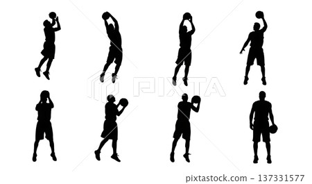 Black Solid Basketball Tip-Off Silhouettes Set of Six on White Background Black Solid Basketball Tip-Off Silhouettes Set of Six on White Background 137331577