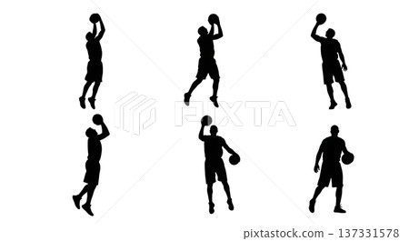 Black Solid Basketball Tip-Off Silhouettes Set of Six on White Background Black Solid Basketball Tip-Off Silhouettes Set of Six on White Background 137331578