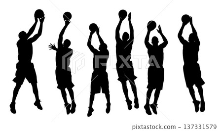 Black Solid Basketball Tip-Off Silhouettes Set of Six on White Background Black Solid Basketball Tip-Off Silhouettes Set of Six on White Background 137331579
