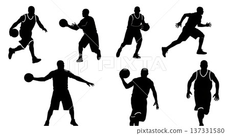 Black Solid Basketball Transition Run Silhouettes Set of Six on White Background Black Solid Basketball Transition Run Silhouettes Set of Six on White Background 137331580