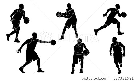 Black Solid Basketball Transition Run Silhouettes Set of Six on White Background Black Solid Basketball Transition Run Silhouettes Set of Six on White Background 137331581