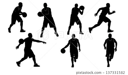 Black Solid Basketball Transition Run Silhouettes Set of Six on White Background 137331582