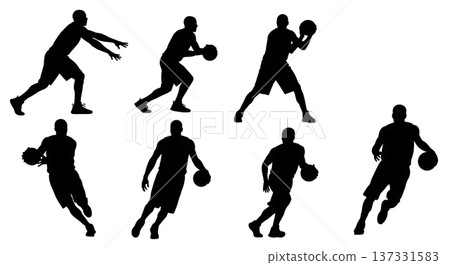 Black Solid Basketball Transition Run Silhouettes Set of Six on White Background Black Solid Basketball Transition Run Silhouettes Set of Six on White Background 137331583