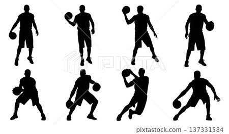 Black Solid Basketball Jab Step Silhouettes Set of Six on White Background 137331584