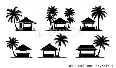 Black Solid Beach Bar Palm Hut Silhouettes Set of Six on White Background 137331604