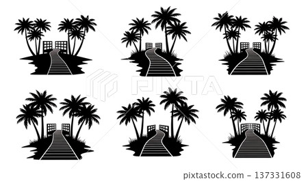 Black Solid Beach Boardwalk Palm Silhouettes Set of Six on White Background 137331608