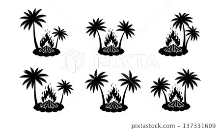 Black Solid Beach Bonfire Palm Silhouettes Set of Six on White Background Black Solid Beach Bonfire Palm Silhouettes Set of Six on White Background 137331609