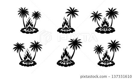 Black Solid Beach Bonfire Palm Silhouettes Set of Six on White Background Black Solid Beach Bonfire Palm Silhouettes Set of Six on White Background 137331610