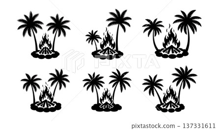 Black Solid Beach Bonfire Palm Silhouettes Set of Six on White Background 137331611