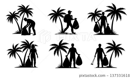 Black Solid Beach Cleanup Palm Silhouettes Set of Six on White Background 137331618
