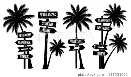 Black Solid Beach Sign Palm Silhouettes Set of Six on White Background 137331621