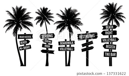 Black Solid Beach Sign Palm Silhouettes Set of Six on White Background 137331622