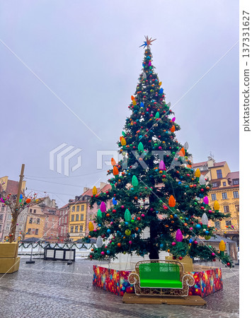 A large Christmas tree on Market square in Warsaw, Poland 137331627