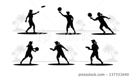 Black Solid Beach Frisbee Palm Silhouettes Set of Six on White Background Black Solid Beach Frisbee Palm Silhouettes Set of Six on White Background 137331640