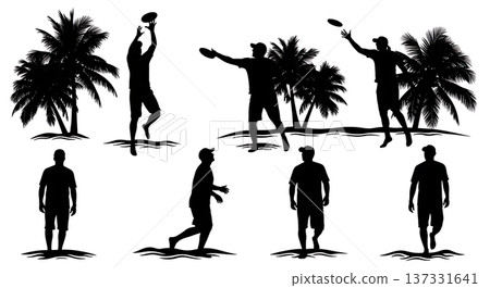 Black Solid Beach Frisbee Palm Silhouettes Set of Six on White Background Black Solid Beach Frisbee Palm Silhouettes Set of Six on White Background 137331641