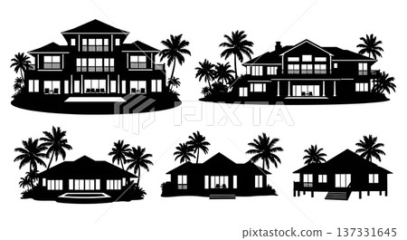 Black Solid Beach Villa Palm Silhouettes Set of Six on White Background Black Solid Beach Villa Palm Silhouettes Set of Six on White Background 137331645