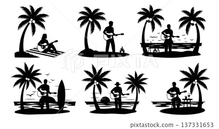 Black Solid Beach Guitar Palm Silhouettes Set of Six on White Background 137331653