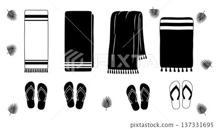 Black Solid Beach Towel and Flip-Flop Silhouettes Set of Six on White Background Black Solid Beach Towel and Flip-Flop Silhouettes Set of Six on White Background 137331695