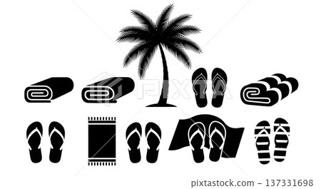 Black Solid Beach Towel and Flip-Flop Silhouettes Set of Six on White Background 137331698