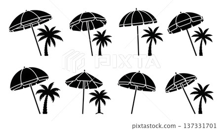 Black Solid Beach Umbrella and Palm Silhouettes Set of Six on White Background 137331701