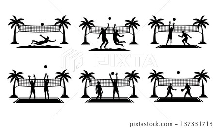 Black Solid Beach Volleyball Palm Silhouettes Set of Six on White Background Black Solid Beach Volleyball Palm Silhouettes Set of Six on White Background 137331713