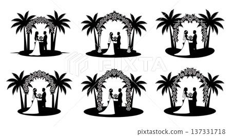 Black Solid Beach Wedding Palm Silhouettes Set of Six on White Background Black Solid Beach Wedding Palm Silhouettes Set of Six on White Background 137331718