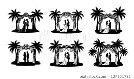 Black Solid Beach Wedding Palm Silhouettes Set of Six on White Background 137331721