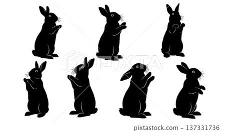 Black Solid Begging Bunny Silhouettes Set of Six on White Background Black Solid Begging Bunny Silhouettes Set of Six on White Background 137331736
