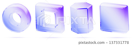 Hologram glass geometric 3D shapes set - circle ring, square frame, hexagonal prism, cube block with blue purple neon gradient. Iridescent transparent figures, crystal glossy objects. 3D illustration Hologram glass geometric 3D shapes set - circle ring, square frame, hexagonal prism, cube block with blue purple neon gradient. Iridescent transparent figures, crystal glossy objects. 3D illustration 137331778