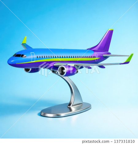 Colorful modern passenger airplane model on stand isolated on blue background 137331810