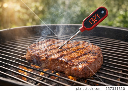 Grilled Beef Steak on BBQ Grill with Digital Thermometer Measuring Internal Cooking Temperature 137331830