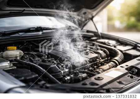 Car Engine Overheating with Smoke Coming from Engine Compartment Under Open Hood Car Engine Overheating with Smoke Coming from Engine Compartment Under Open Hood 137331832