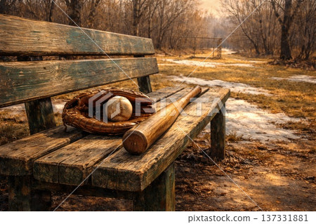 Vintage baseball glove bat and ball on wooden bench in autumn park Vintage baseball glove bat and ball on wooden bench in autumn park 137331881