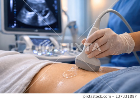 Close Up Ultrasound Scan Procedure in Modern Hospital with Professional Medical Equipment 137331887