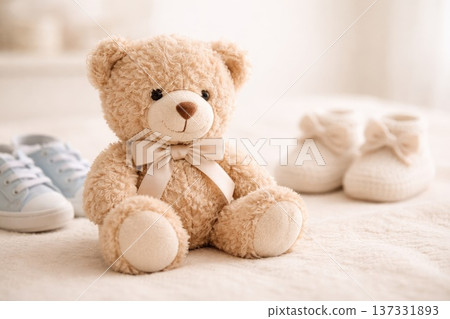 Soft Bear Toy with Baby Shoes in Cozy Minimal Nursery Scene 137331893
