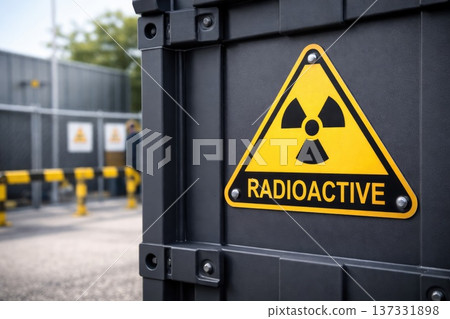 Radioactive Warning Sign on Secure Industrial Nuclear Storage Container at Restricted Facility Area 137331898