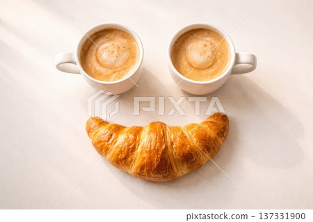Smiling Breakfast Face Made with Croissant and Two Coffee Cups Minimal Creative Food Concept Smiling Breakfast Face Made with Croissant and Two Coffee Cups Minimal Creative Food Concept 137331900