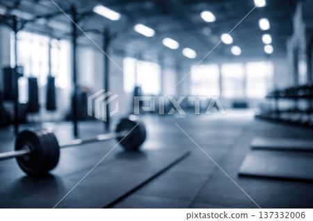 Modern empty gym interior with barbell weights and training equipment 137332006