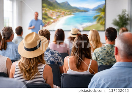 Tourists watching beach resort destination presentation in modern meeting room with tropical scenery Tourists watching beach resort destination presentation in modern meeting room with tropical scenery 137332023