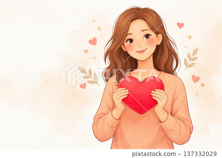 Cute young woman holding red heart symbol with romantic illustration style background Cute young woman holding red heart symbol with romantic illustration style background 137332029