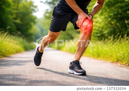Runner holding painful knee injury while jogging on outdoor road in summer 137332034