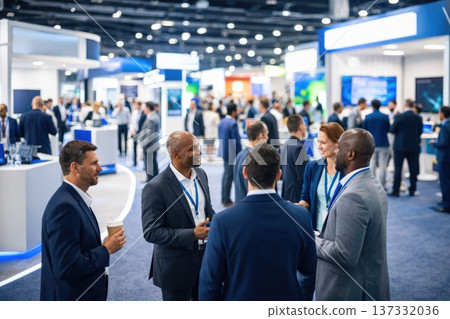 Business professionals networking and discussing at modern technology exhibition hall Business professionals networking and discussing at modern technology exhibition hall 137332036