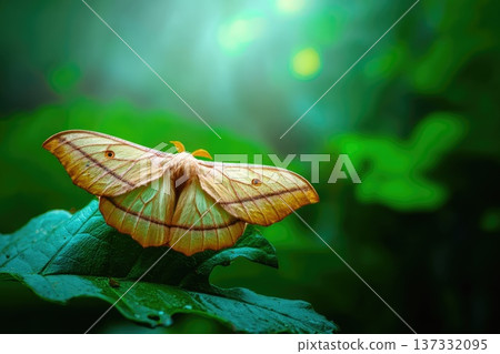 Beautiful moth resting on green leaf in natural soft sunlight Beautiful moth resting on green leaf in natural soft sunlight 137332095