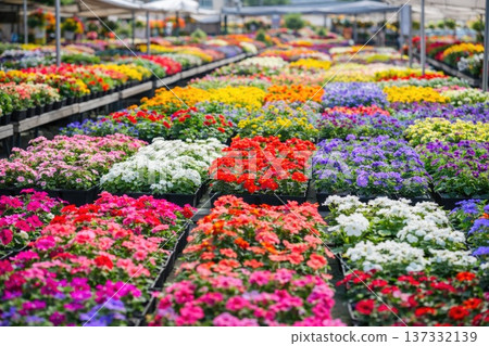 Large selection of blooming colorful flowers in garden center greenhouse nursery 137332139